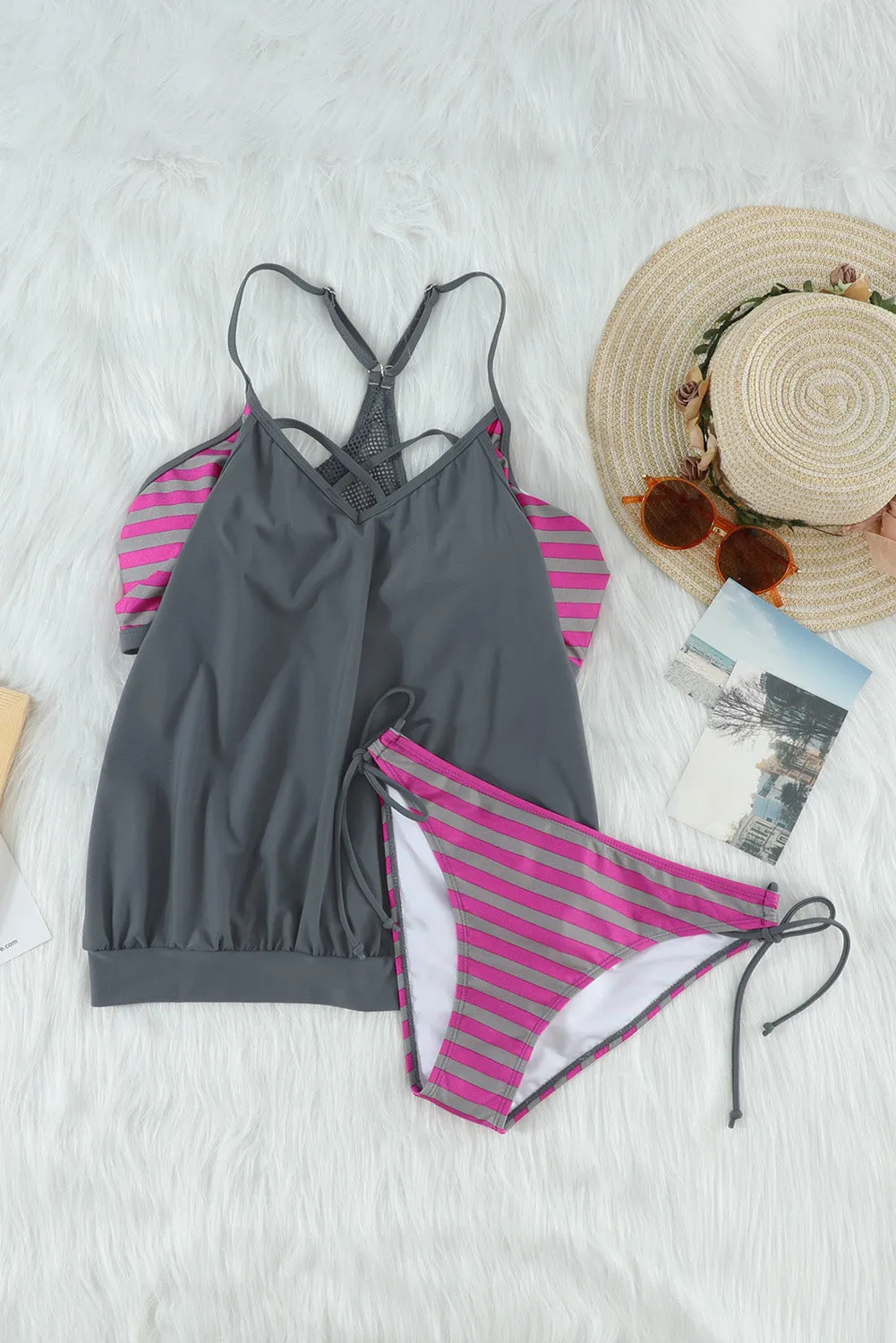 Gray Striped Beach Straps Tankini