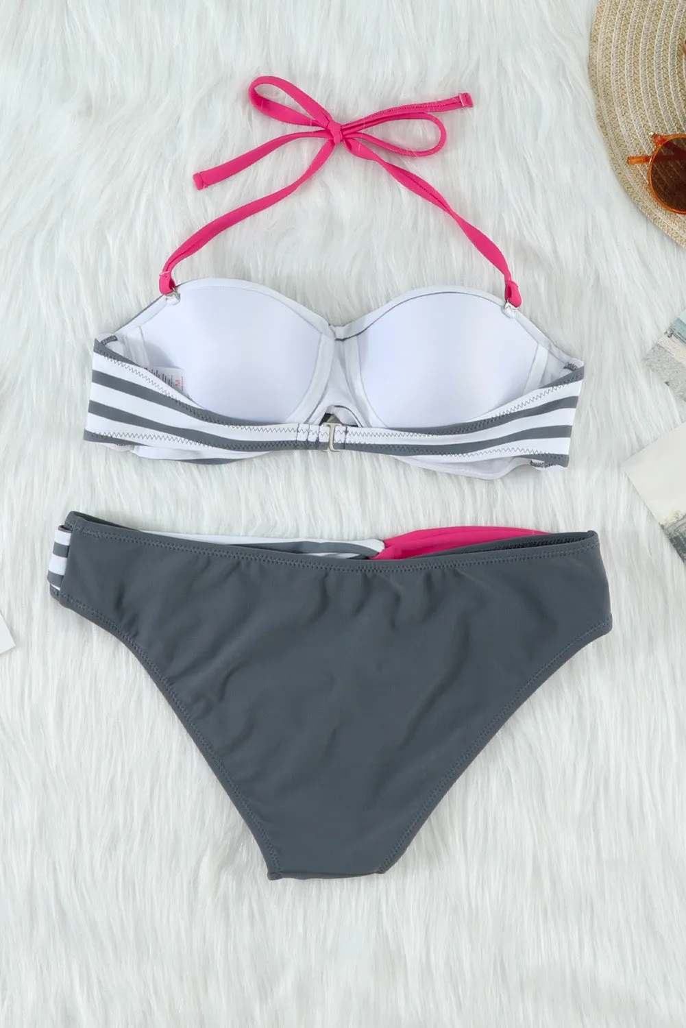Gray Striped Halter Bandeau Bikini Set