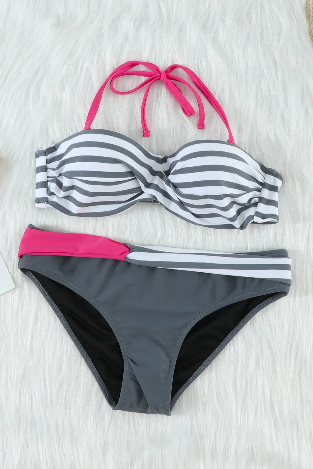 Gray Striped Halter Bandeau Bikini Set