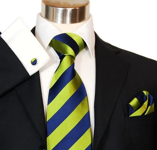 Green and Navy Striped Silk Necktie Set by Paul Malone