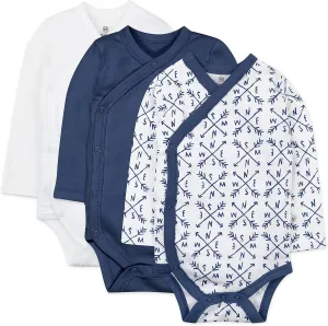 HonestBaby 3-Pack Organic Cotton Long Sleeve Side-Snap Kimono Bodysuits, Compass Blue, 3-6 Months