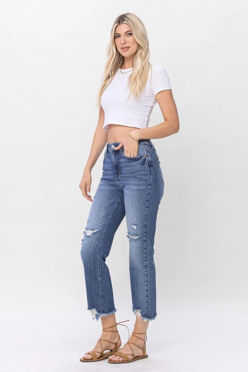 Judy Blue High Waisted Destroyed Cropped Straight Jeans for Women's Distressed Destroyed Straight Leg Denim with Frayed Hem
