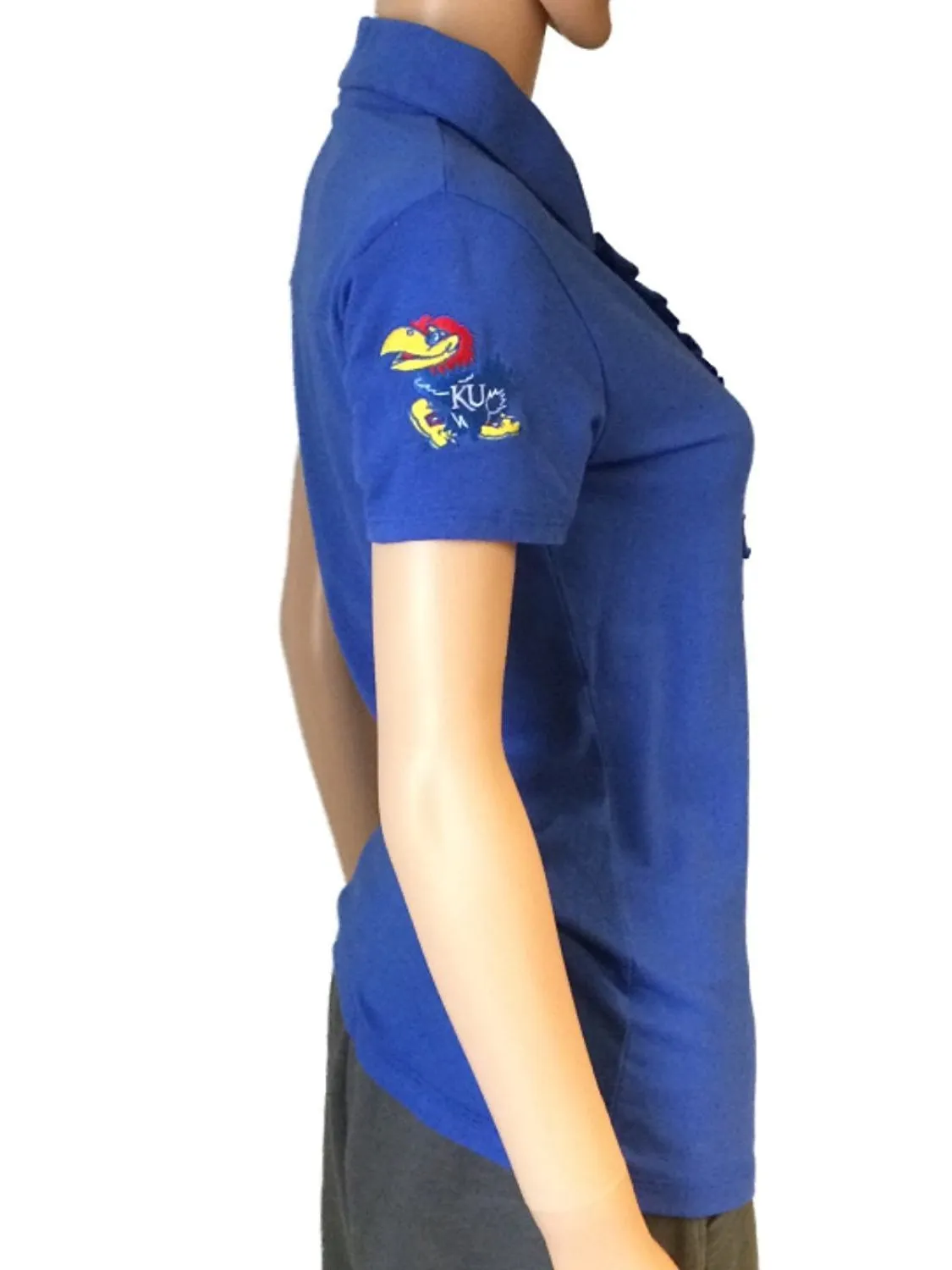Kansas Jayhawks Meesh & Mia Women Blue 1/2 Buttoned Frill Polo Shirt
