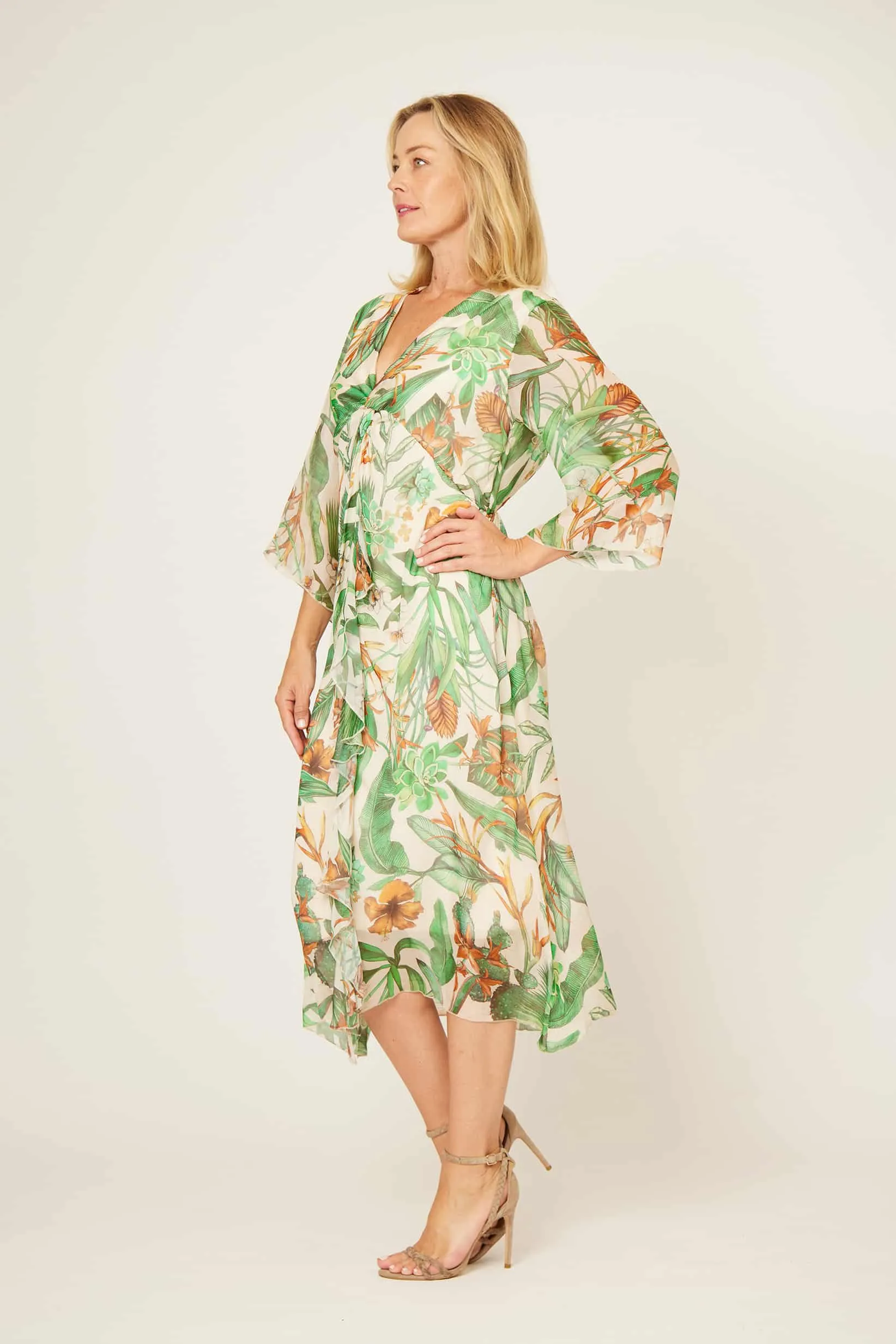 Knotted and Frilled Dress - Multi Cream/Green/Brown