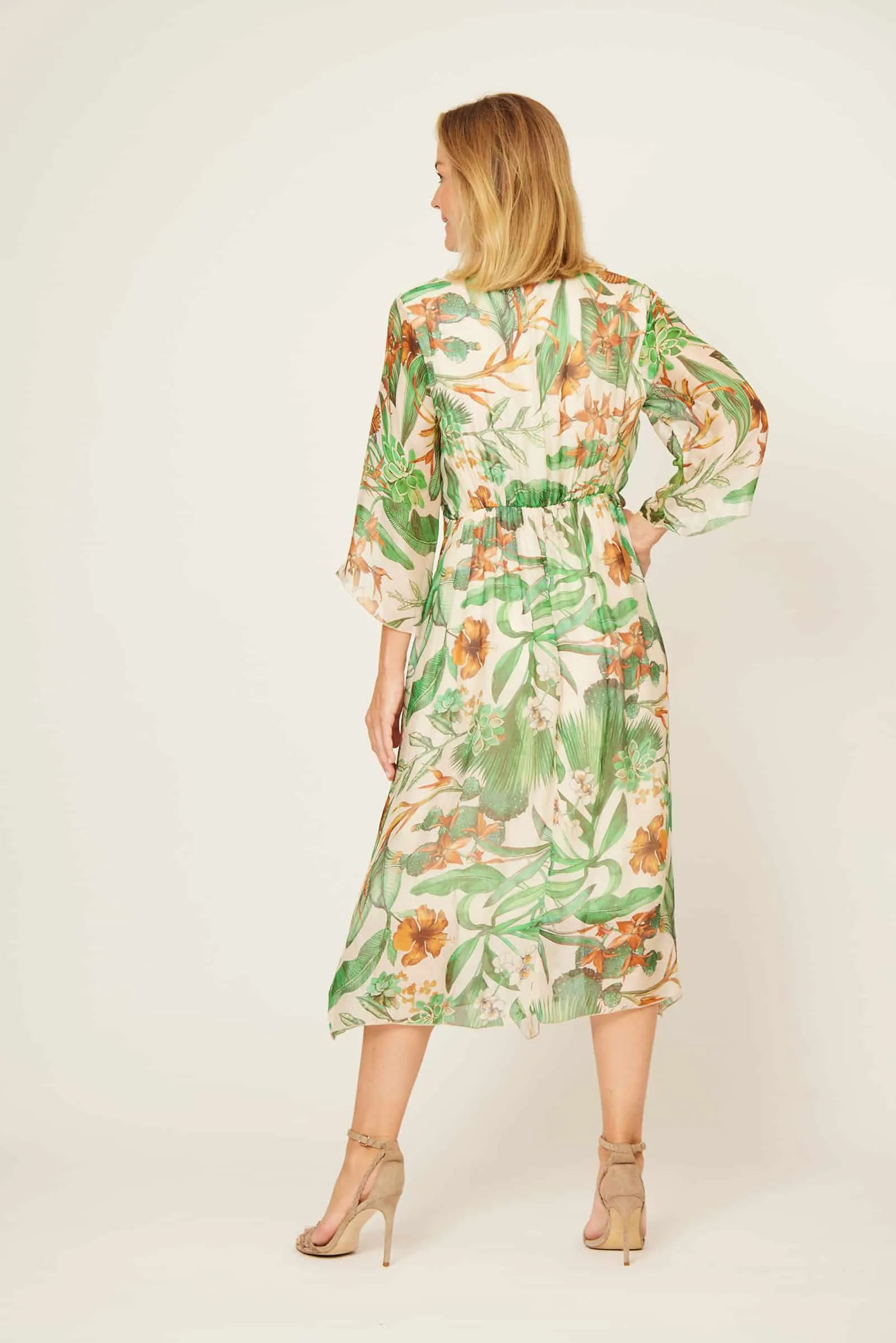 Knotted and Frilled Dress - Multi Cream/Green/Brown