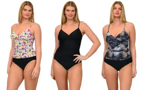 MS-BPTK07 - Wholesale Women's Printed & Solid Black Twist Front Tankini