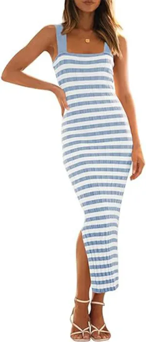 NTSWZYS Women's Sleeveless Striped Knit Bodycon Midi Dress Square Neck Side Slit Ribbed Knit Sweater(DI-Blue,M)