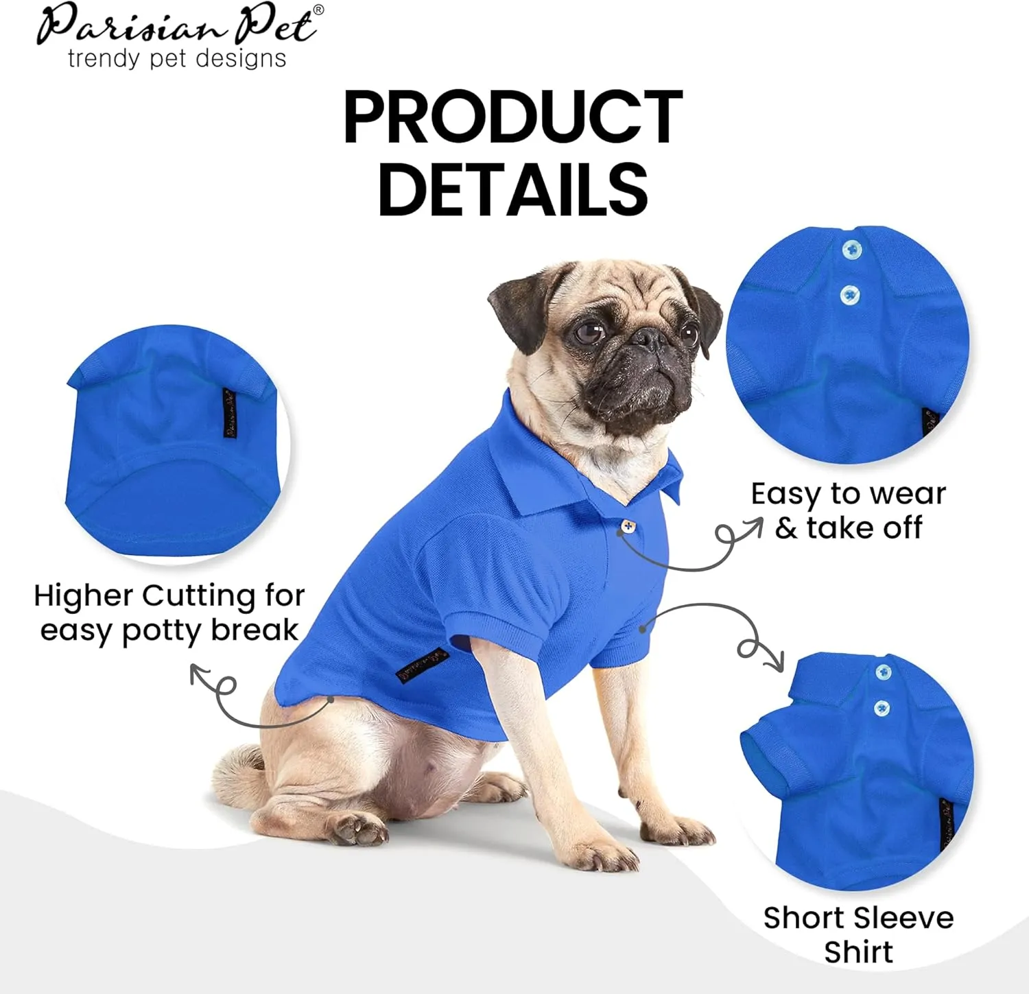 Parisian Pet Dog Polo Shirts - Breathable Cotton Shirt - Solid Blue, Summer Pullover - Button Up Collar Polo for Large Dogs 2XL