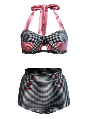 Plaid Stripe Bow Halter Bikini