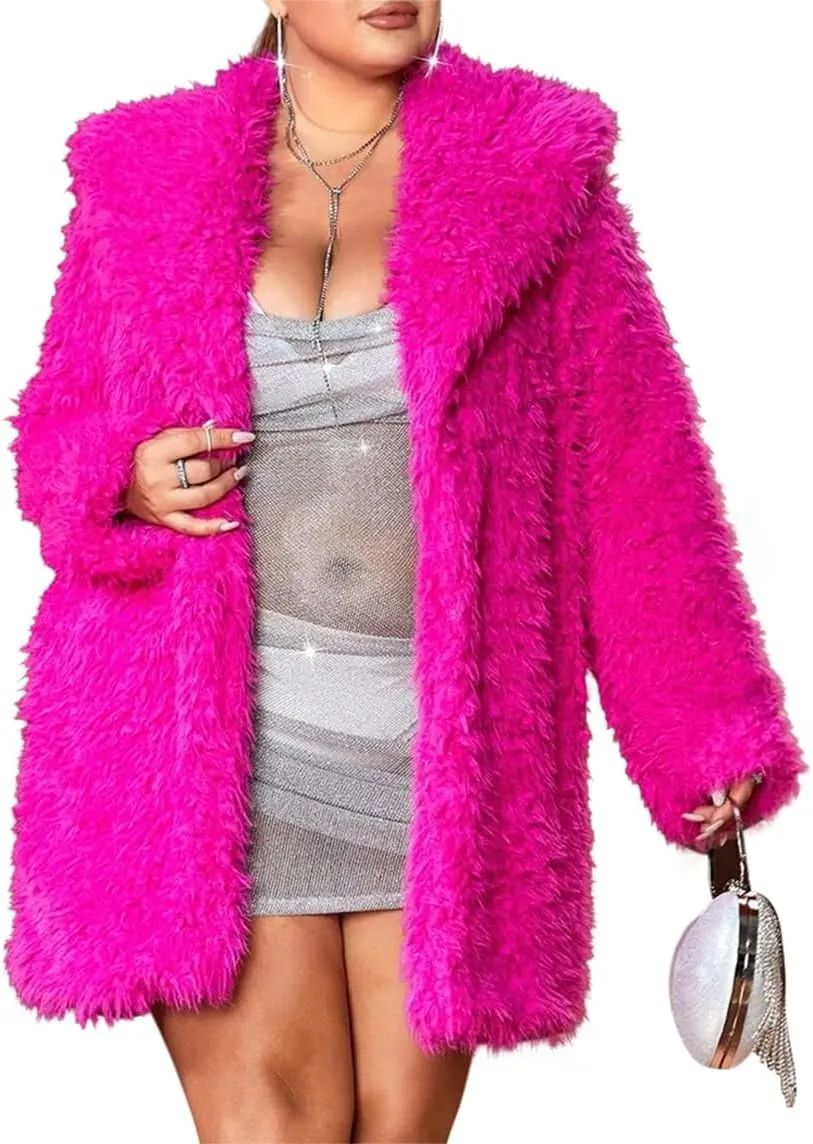 RED DOT BOUTIQUE 690 - Plus Size Open Front Statement Waterfall Collar Long Sleeves Fuzzy Coat Jacket Hot Pink Fuchsia