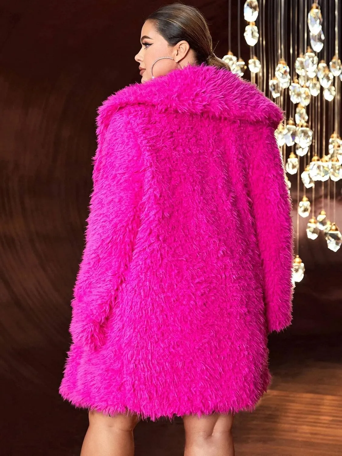 RED DOT BOUTIQUE 690 - Plus Size Open Front Statement Waterfall Collar Long Sleeves Fuzzy Coat Jacket Hot Pink Fuchsia