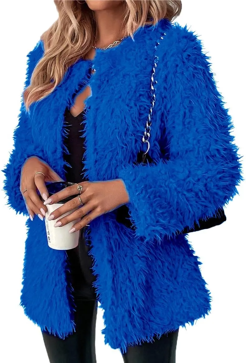 RED DOT BOUTIQUE 690 - Plus Size Open Front Statement Waterfall Collar Long Sleeves Fuzzy Coat Jacket Hot Pink Fuchsia