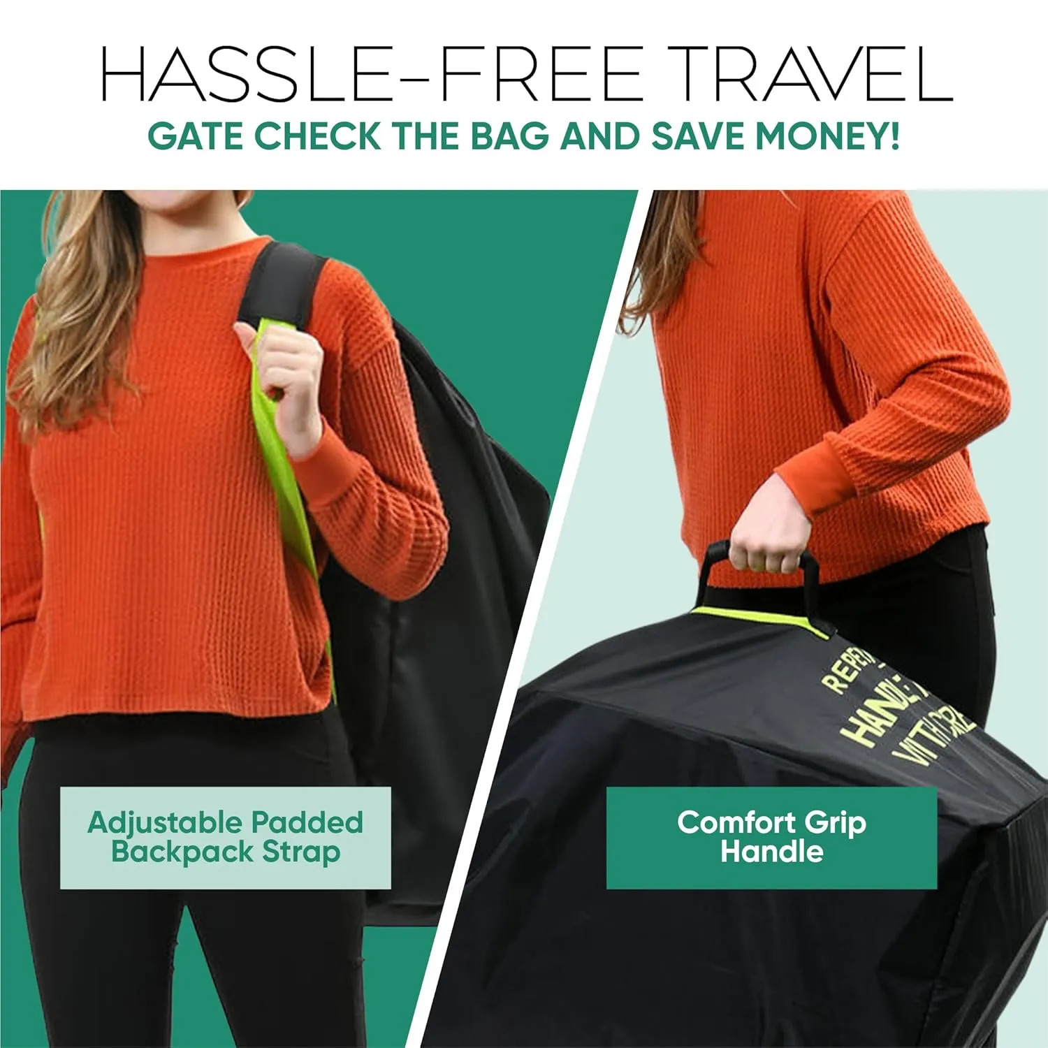 reperkid Large Stroller Bag for Airplane Travel, Black & Green, 47" H x 24" W x 15" D, Fits Most Large, Single, Double, Jogging Strollers  Premium Waterproof Cover, Adjustable Shoulder Straps