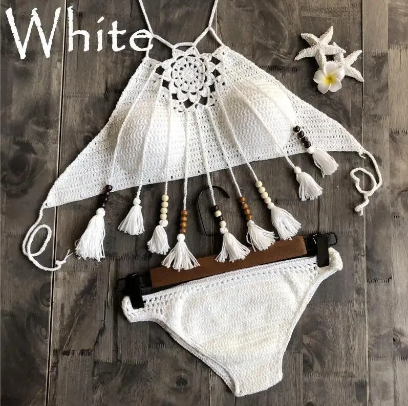 Sexy Crochet Halter Bikini Top with Beaded Tassels