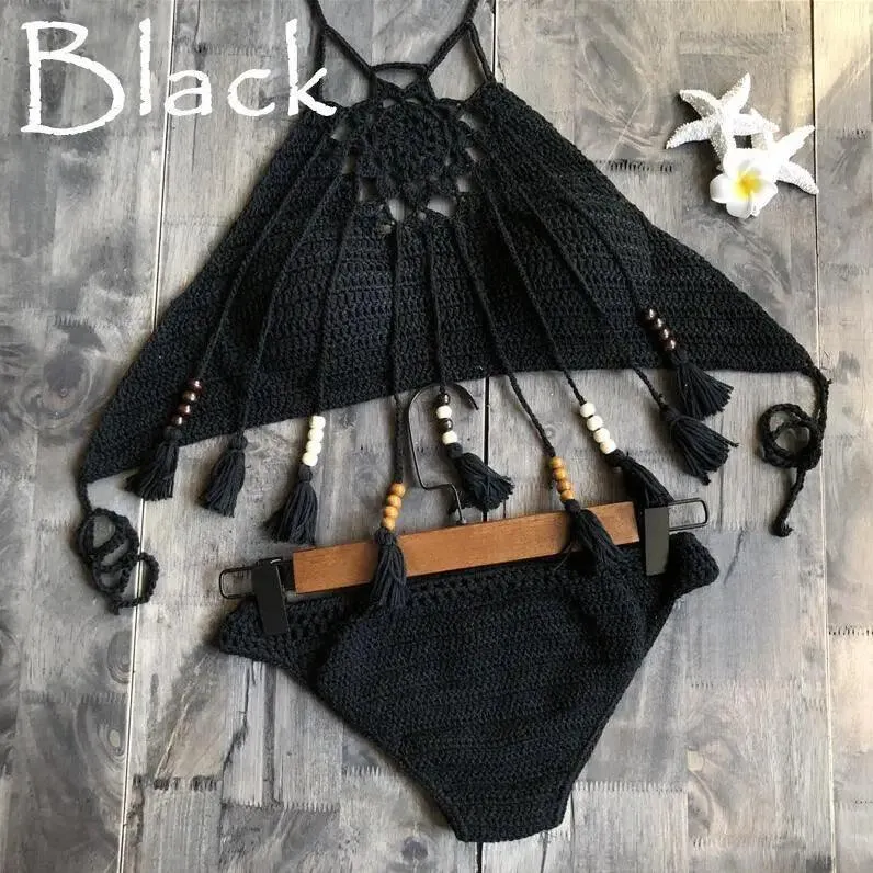 Sexy Crochet Halter Bikini Top with Beaded Tassels