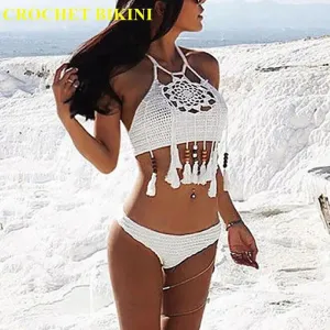 Sexy Crochet Halter Bikini Top with Beaded Tassels