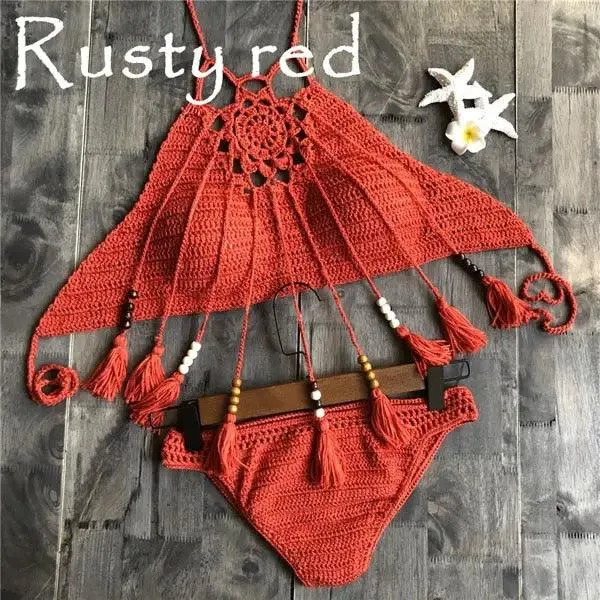 Sexy Crochet Halter Bikini Top with Beaded Tassels