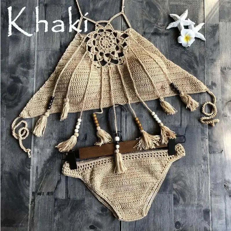 Sexy Crochet Halter Bikini Top with Beaded Tassels