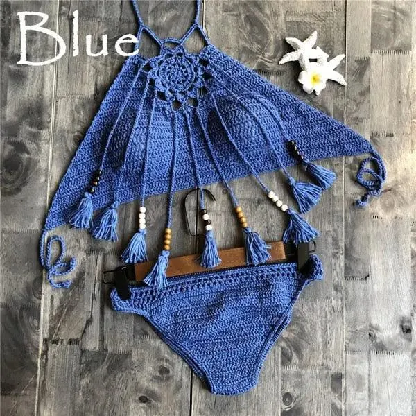 Sexy Crochet Halter Bikini Top with Beaded Tassels