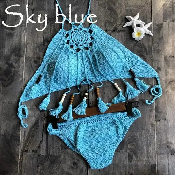 Sexy Crochet Halter Bikini Top with Beaded Tassels