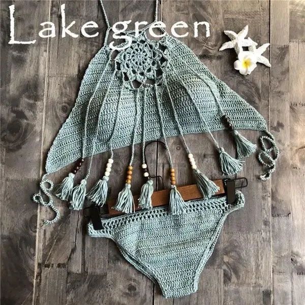 Sexy Crochet Halter Bikini Top with Beaded Tassels