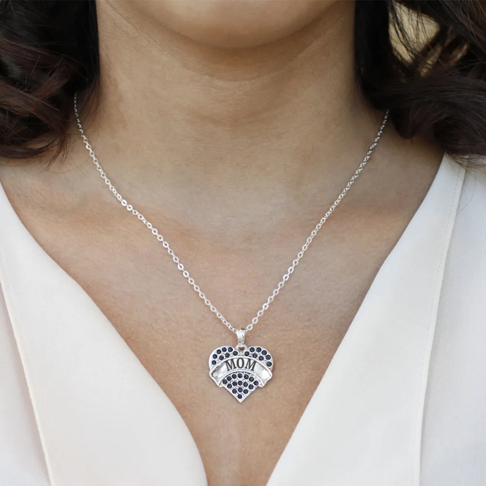 Silver Mom Navy Blue Blue Pave Heart Charm Classic Necklace