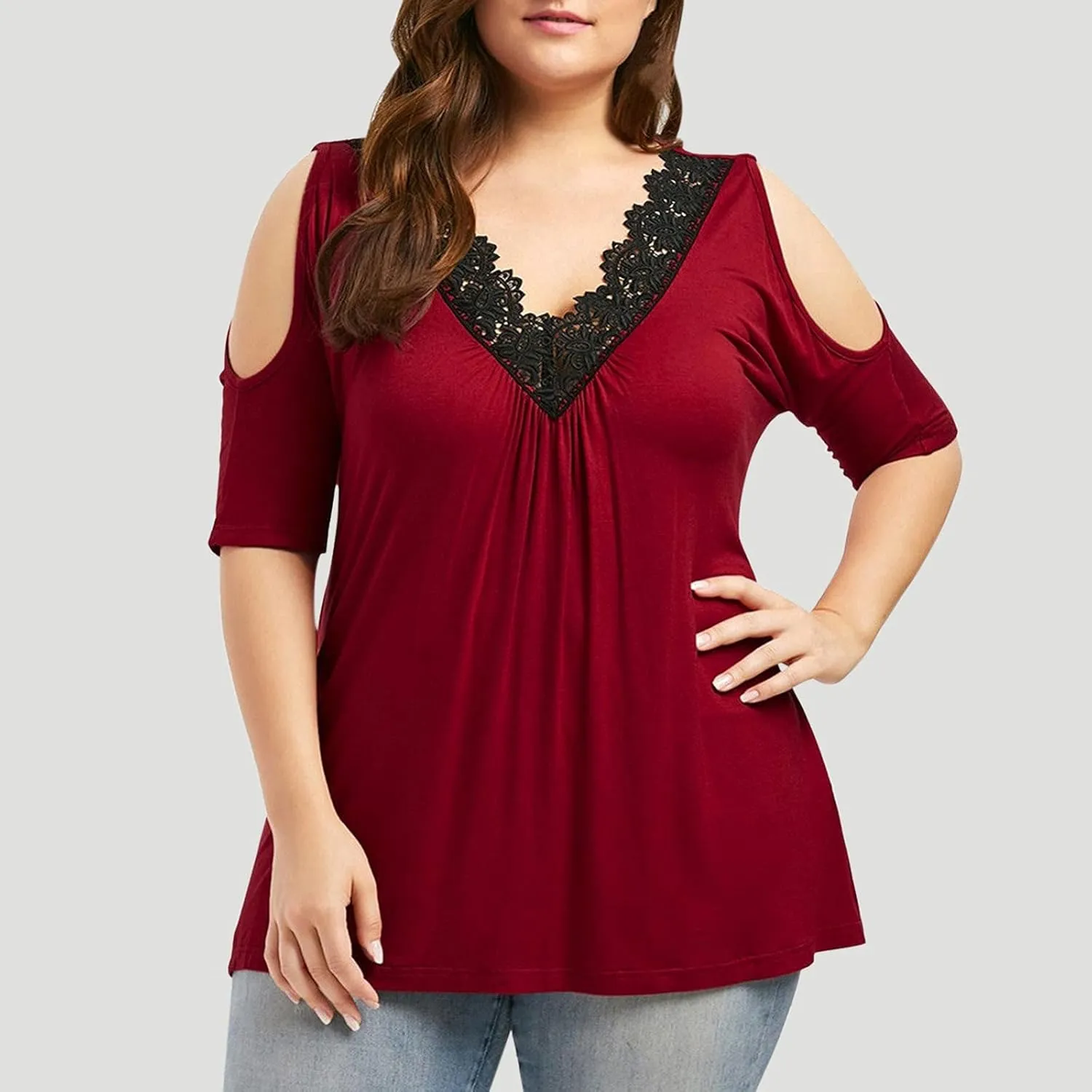 Solid Plus Lace Stitching Color Strapless Top Women V-Neck Size Women's Blouse Loose Casual T Shirt