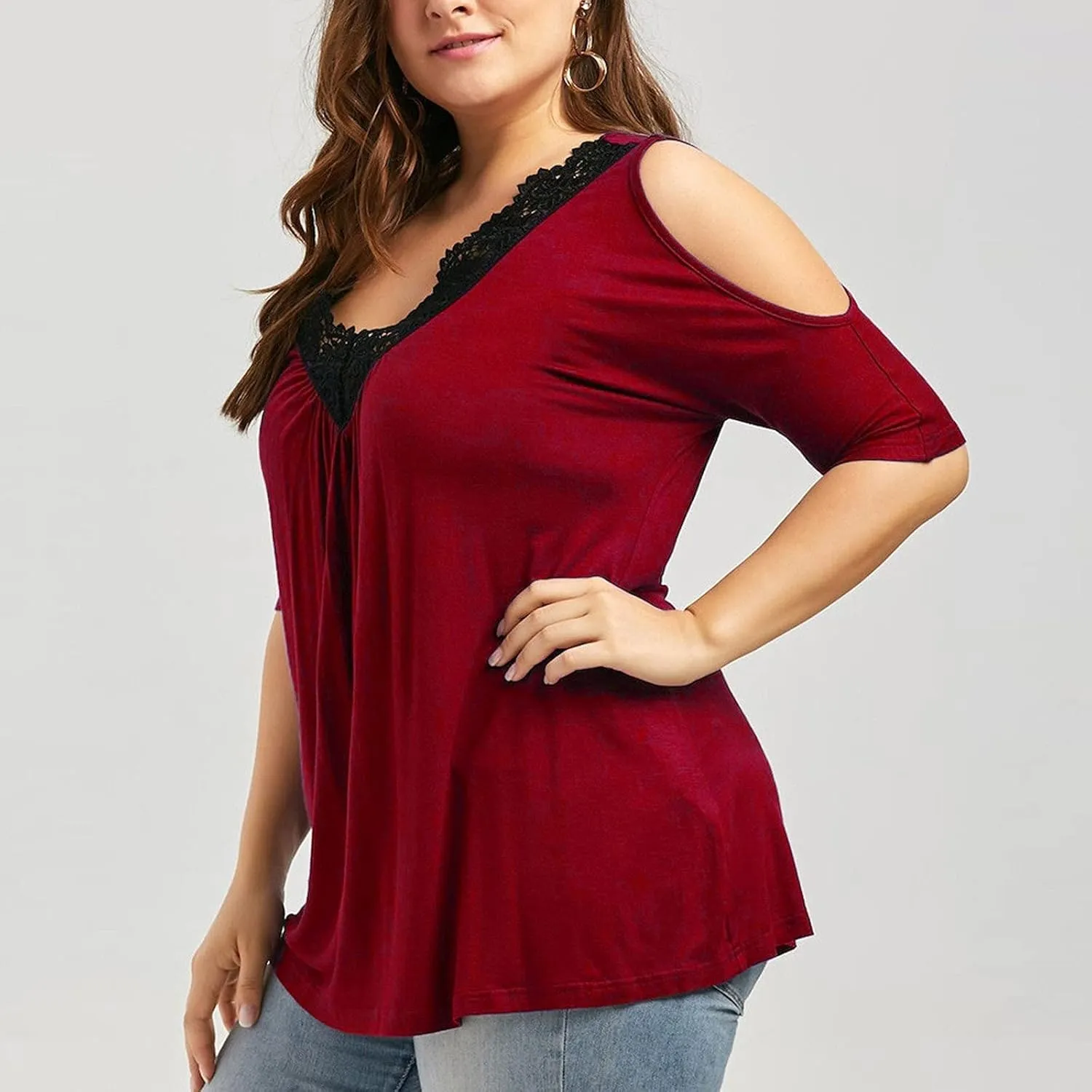Solid Plus Lace Stitching Color Strapless Top Women V-Neck Size Women's Blouse Loose Casual T Shirt