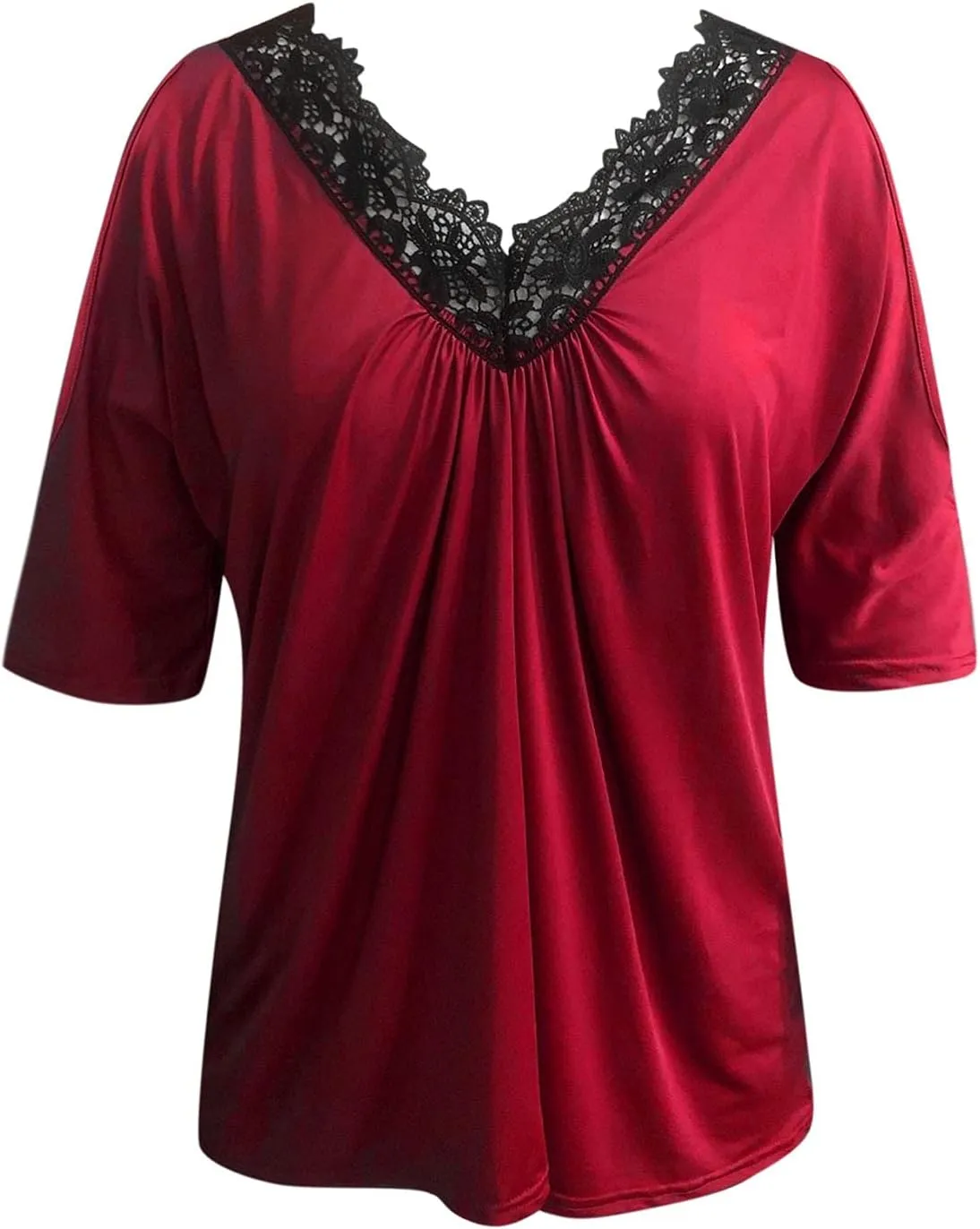 Solid Plus Lace Stitching Color Strapless Top Women V-Neck Size Women's Blouse Loose Casual T Shirt