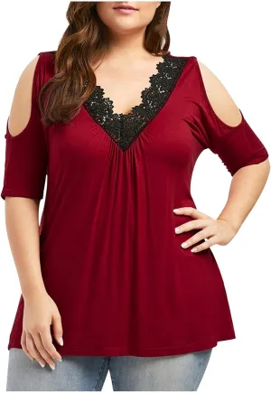 Solid Plus Lace Stitching Color Strapless Top Women V-Neck Size Women's Blouse Loose Casual T Shirt