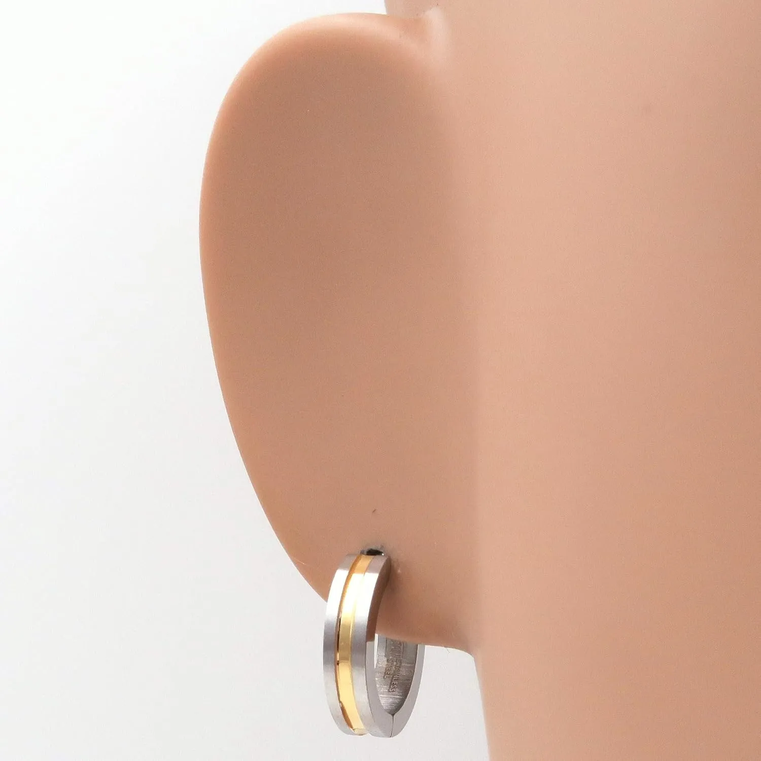 Steelmeup Stainless Steel Stripe Men Hoop Earrings 2-tone Gold Black Silver 16mm