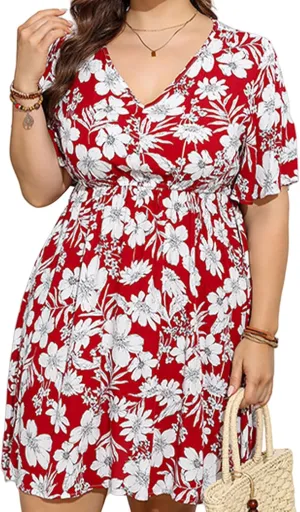 Summer Plus Size Dresses for Curvy Women, Floral Print, V Neck Wrap, Empire Waist, Short Sleeve Mini Dress for Casual, Beach, Vacation, Red, 2X-Large