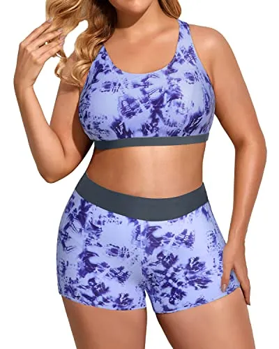Tank Top With Sports Bra And Boardshorts Set For Plus Size Women-Gray Blue Tie-Dye