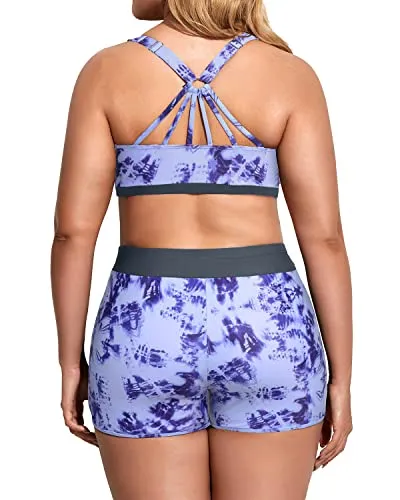 Tank Top With Sports Bra And Boardshorts Set For Plus Size Women-Gray Blue Tie-Dye