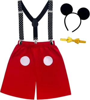 Toddler Boys Girls Cake Smash Costume kids Birthday Party Outfit Red Short Pants   Y-Back Suspenders   Bow tie   Mouse Ears Headband, 2-3T