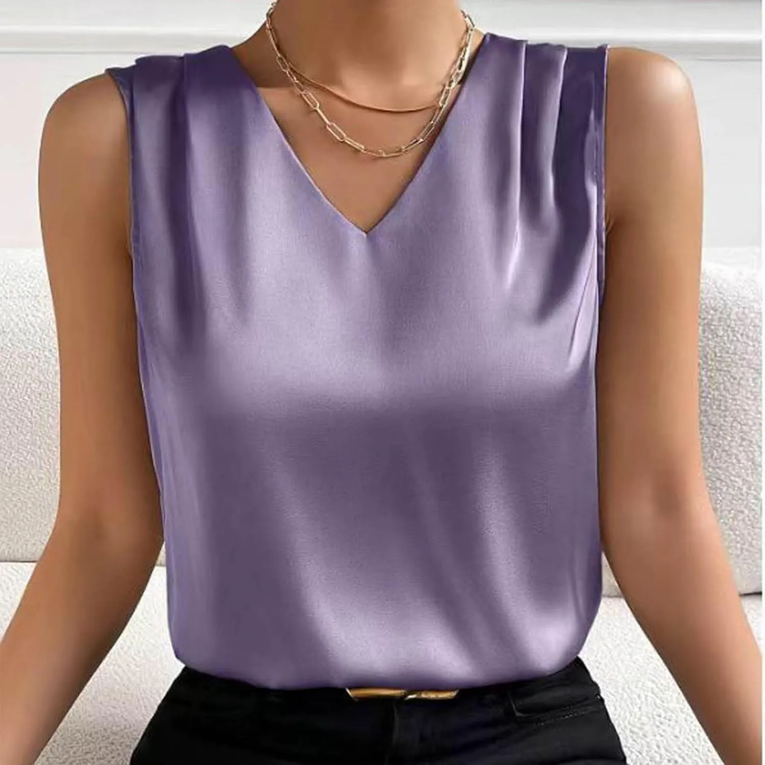 Trendy Casual Tank Top Women Summer Satin Tank Tops Sleeveless V Neck Blouses Plus Size Vest Shirts Party Clubwear