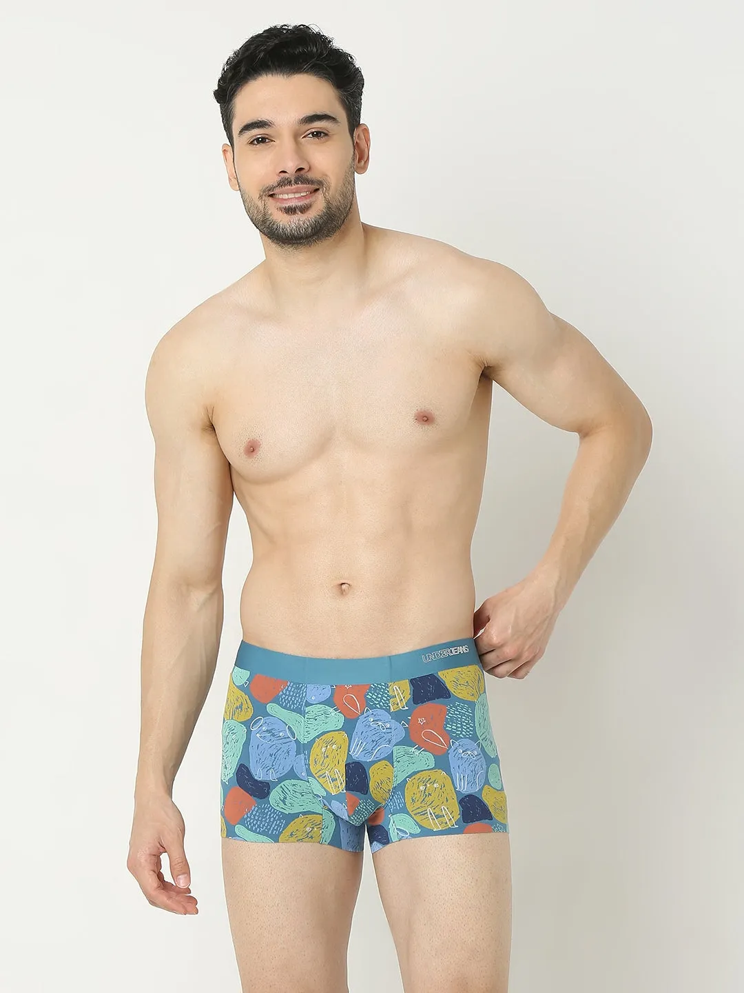 Underjeans By Spykar Men Super Premium Printed Bonded Elastic Blue Trunk