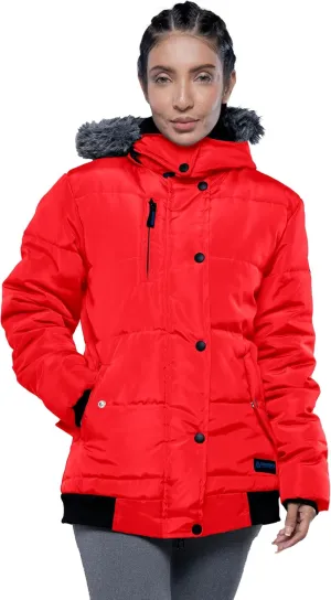 URBAN BUCK Womens Puffer Jacket with Faux Fur Trimmed Hood Jasmine Red Midweight Winter Recycled Down Ski Coat for Women (S)