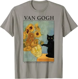 Van Gogh Black Cat With Sunflowers Funny Cat T-Shirt