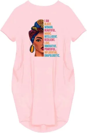 WbJetr I Am Black Woman Beautiful Magic Short Sleeve Loose Pocket Oversize Tunic Dress