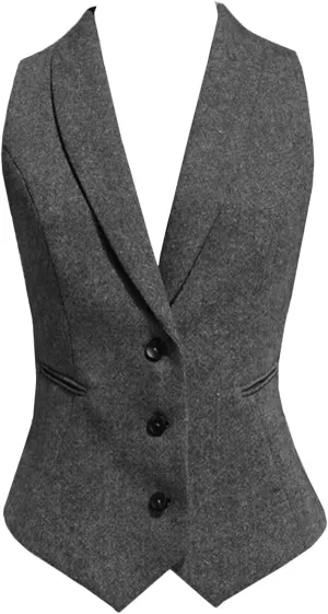 Women Wool Blend Vest V-Neck Dressy Vintage Button Down Waistcoat