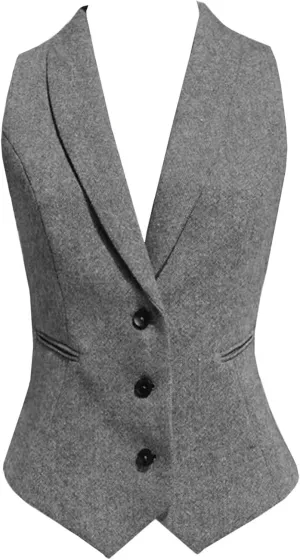 Women Wool Blend Vest V-Neck Dressy Vintage Button Down Waistcoat