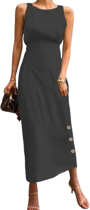 Women's 2025 Summer Round Neck Sleeveless Midi Dresses Black Plain Waist Cinching A Line Slim Fit Office Bodycon Dress