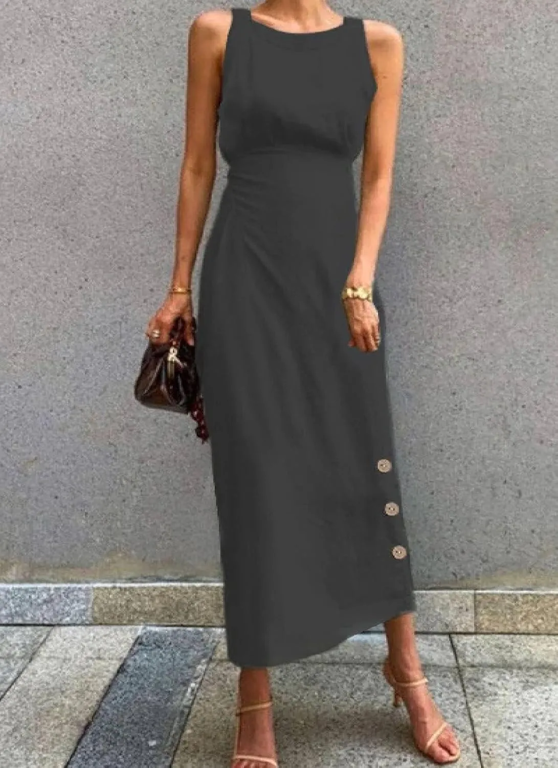 Women's 2025 Summer Round Neck Sleeveless Midi Dresses Black Plain Waist Cinching A Line Slim Fit Office Bodycon Dress