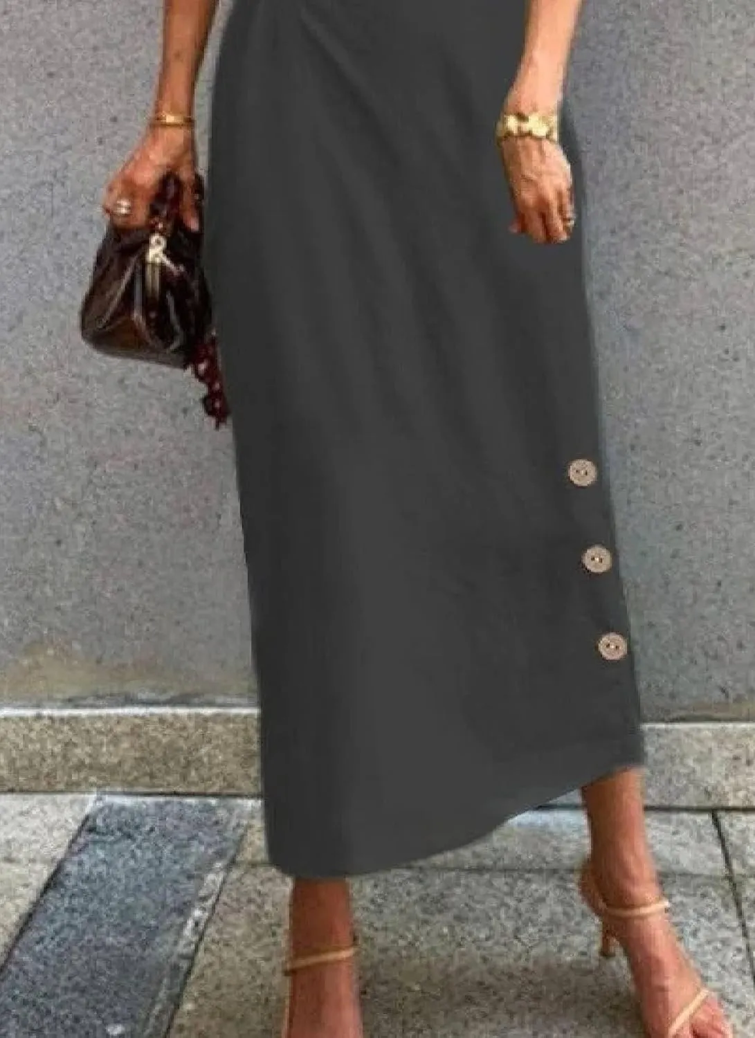 Women's 2025 Summer Round Neck Sleeveless Midi Dresses Black Plain Waist Cinching A Line Slim Fit Office Bodycon Dress