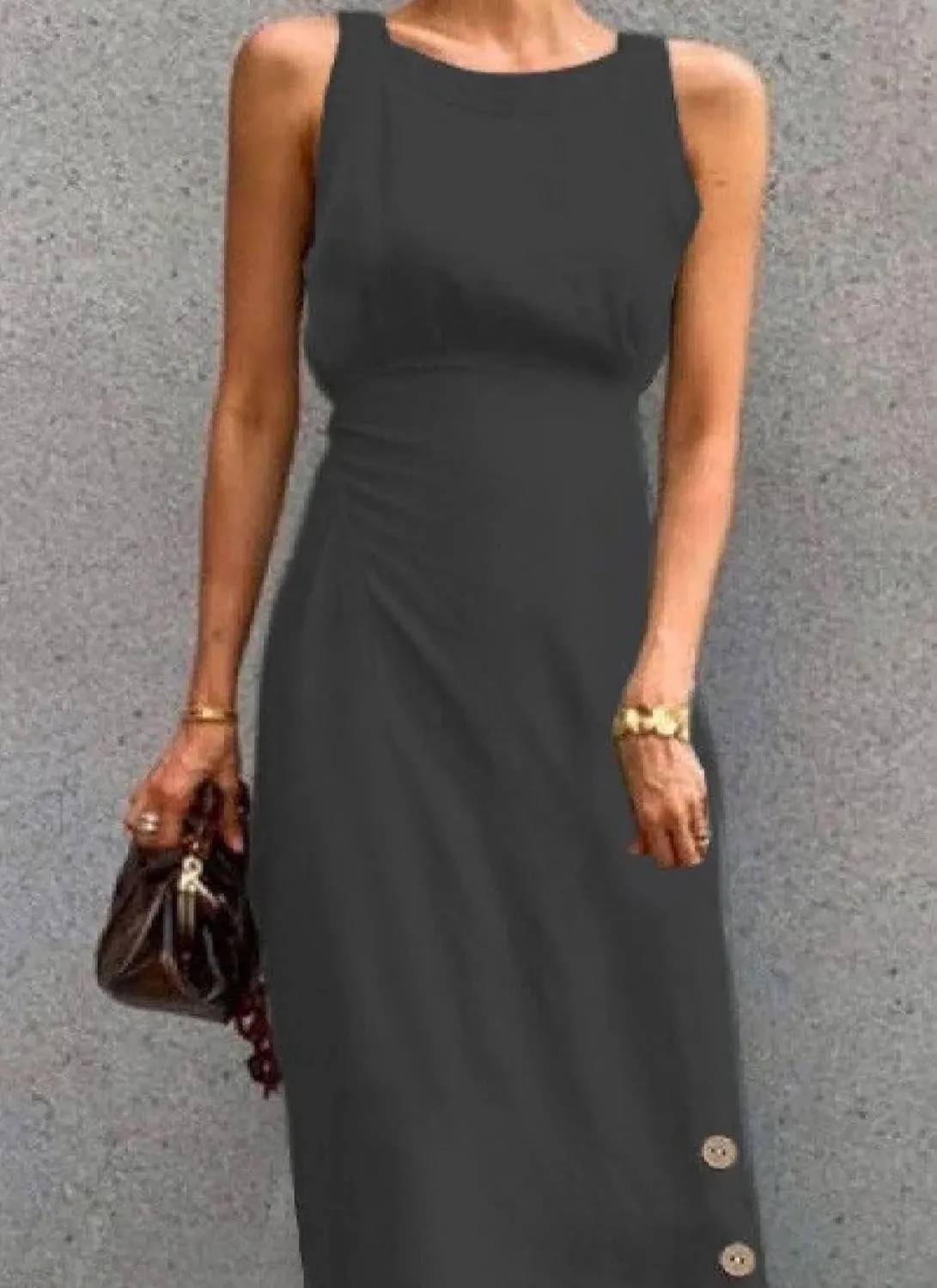 Women's 2025 Summer Round Neck Sleeveless Midi Dresses Black Plain Waist Cinching A Line Slim Fit Office Bodycon Dress