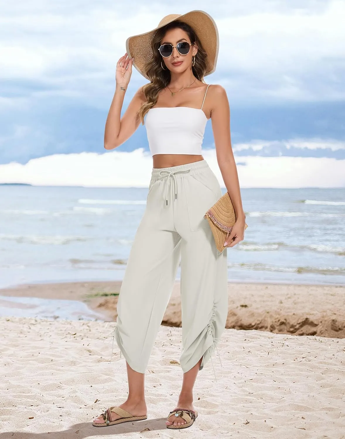 Women's 25" Wide Leg Beach Pants High Waisted Swim Capris Baggy Summer Travel Pant Quick Dry Flowy Cropped Bottoms