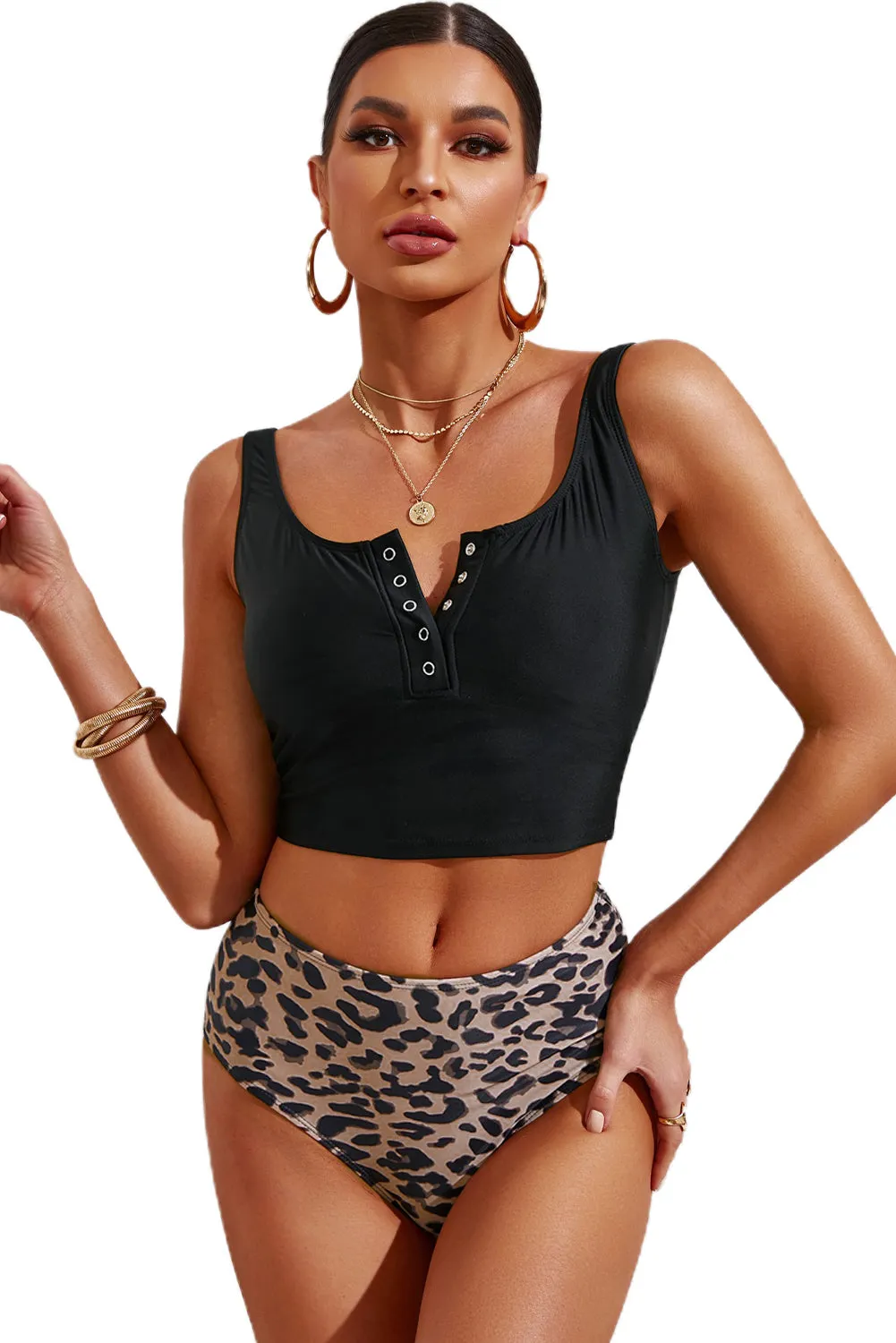 Women's High Waist Tankini Set Swimsuit Square Neck Sleeveless Print Two Piece Bathing Suit