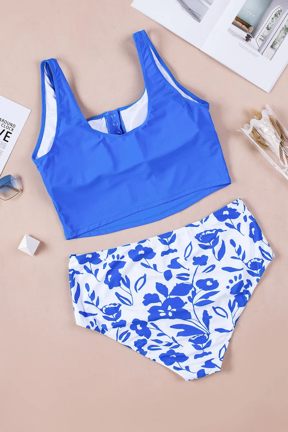 Women's High Waist Tankini Set Swimsuit Square Neck Sleeveless Print Two Piece Bathing Suit