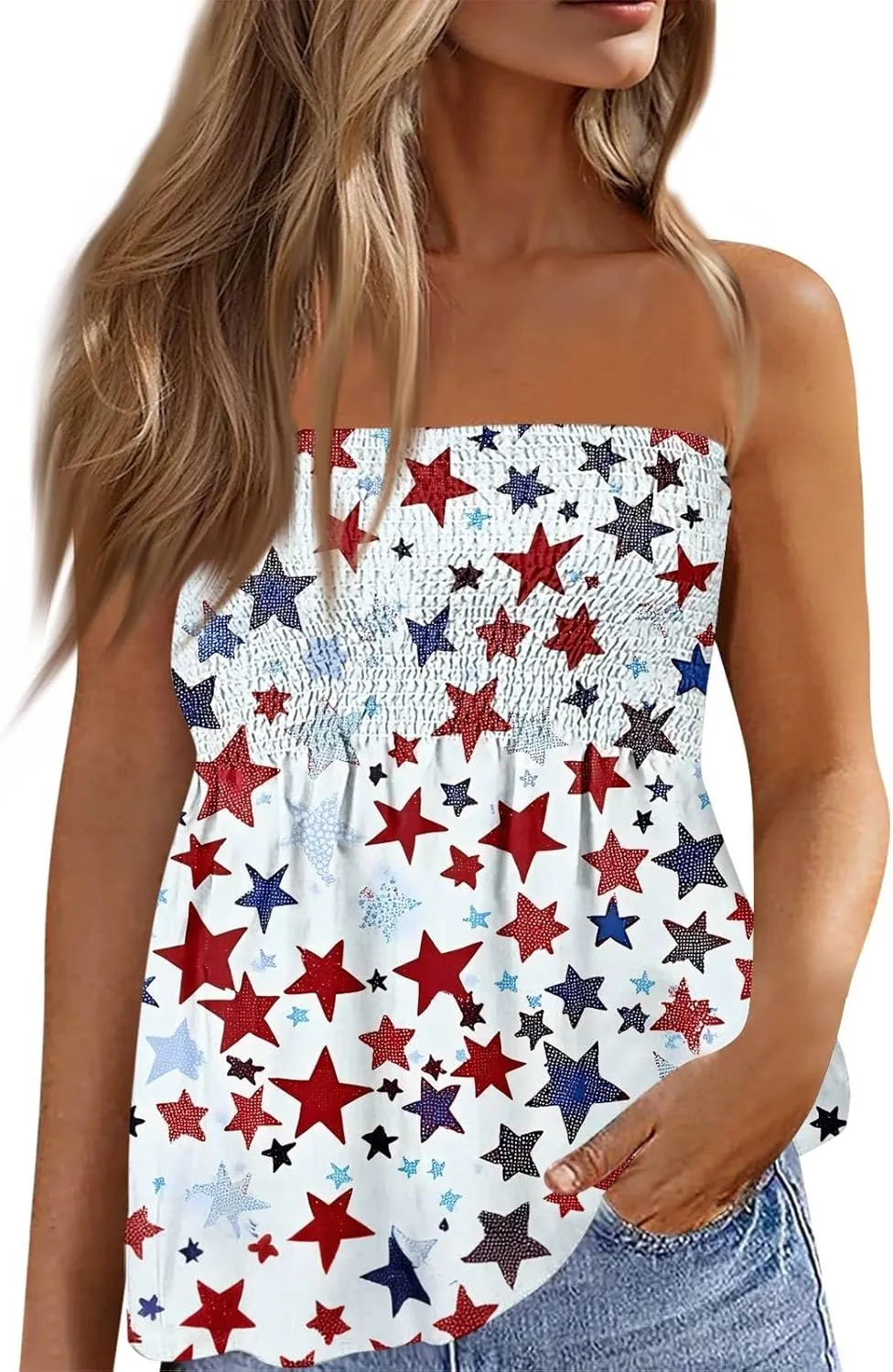 Women's Plus Size Tube Tops Summer Strapless Blouse Pleated Sleeveless Stretchy Sleeveless Flare Hem Tube